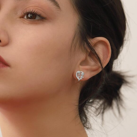 Sterling Silver Heart Stud Earrings with Cubic Zirconia, Rose Butterfly Design, - Picture 5 of 6